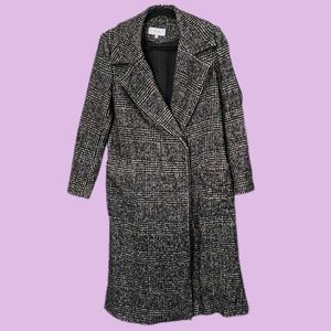 Checked Wool Blend Split Hem Coat